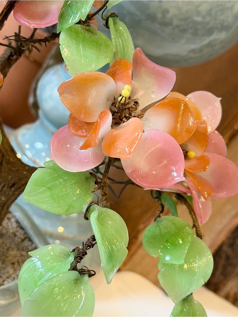 Vintage Asian Cherry Blossom Bonsai Tree. Glass Jade Leaves. 1970’s Unique